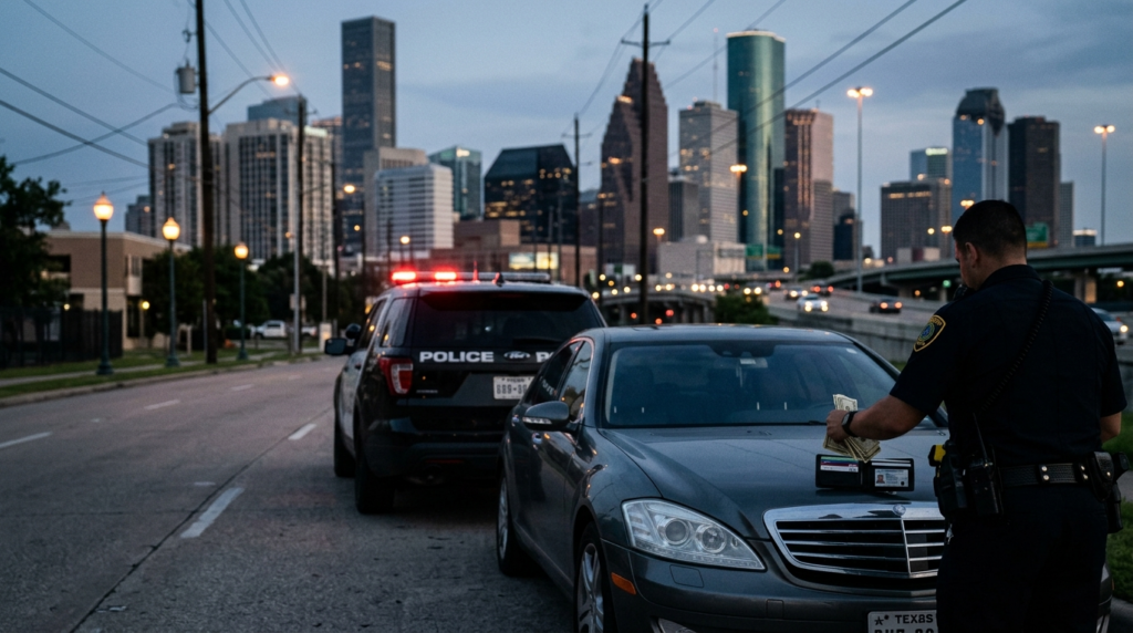 Houston police officer holding seized cash on a car hood during a traffic stop at dusk