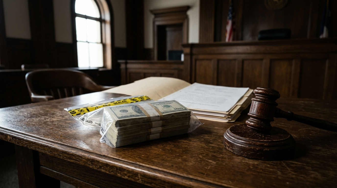 Sealed evidence bag of seized cash and a gavel on a Texas courtroom table in a civil forfeiture case