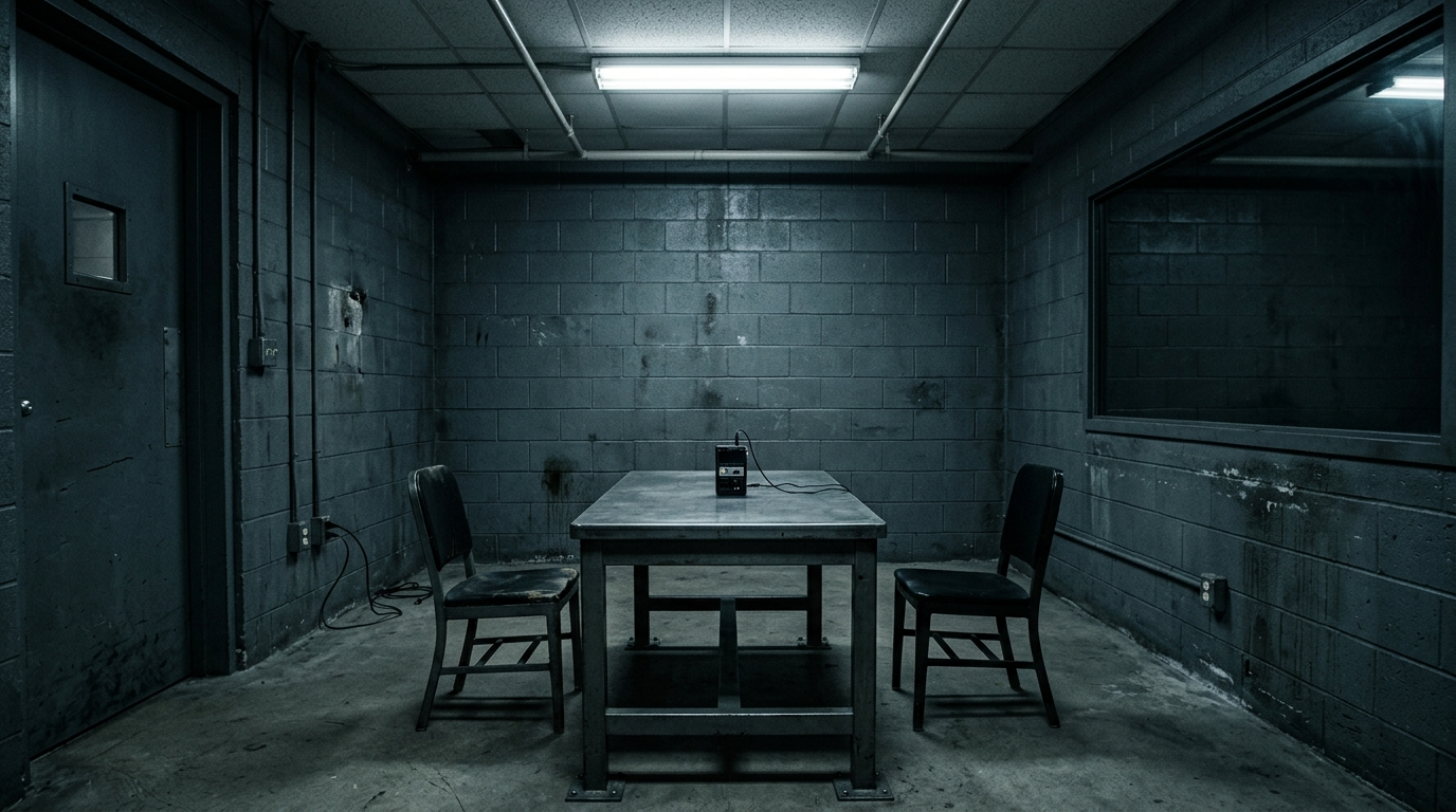 Tupac's Killer Solved the Case for the Police Himself — What Texans Should Learn Empty interrogation room with a recorder on a metal table under a single overhead light
