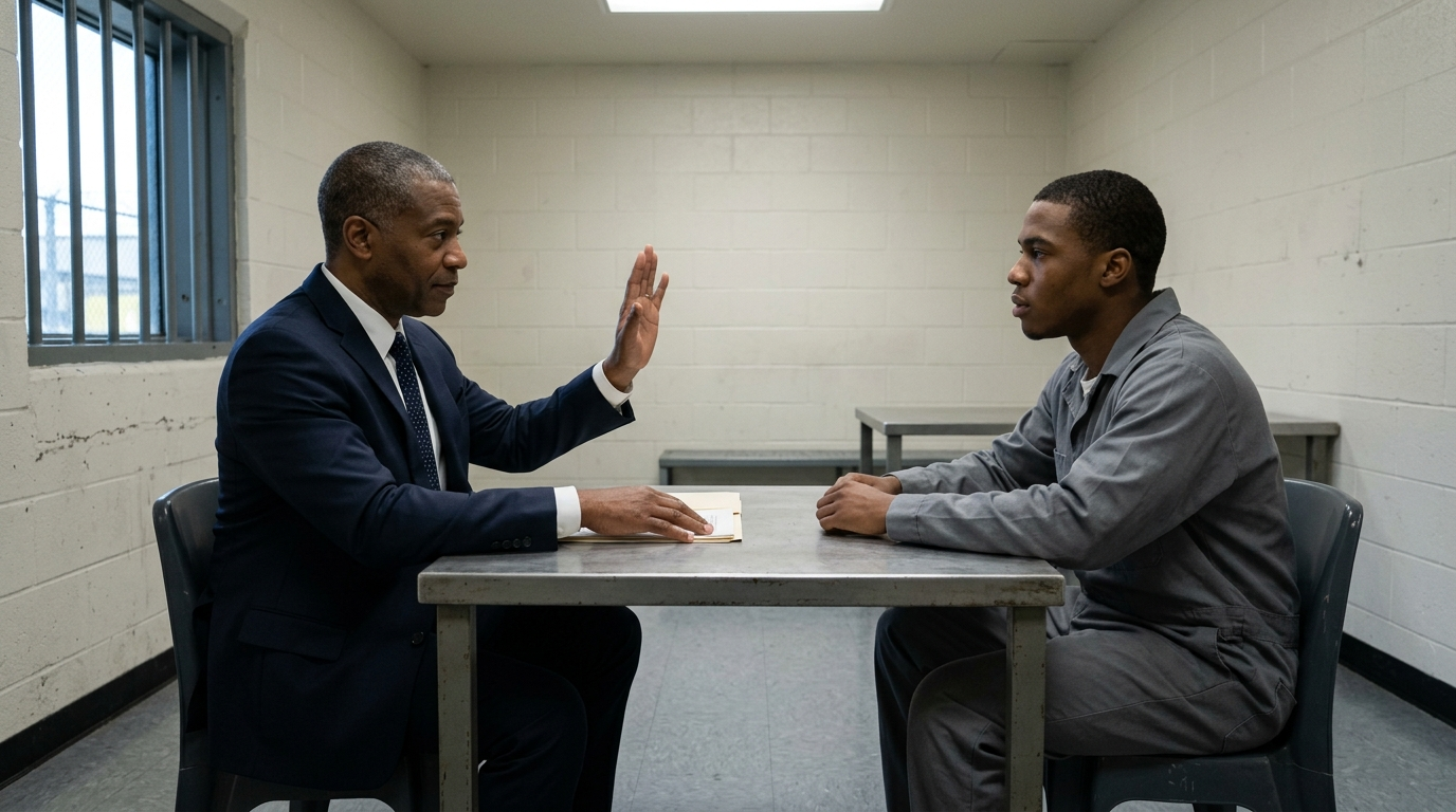 Tupac's Killer Solved the Case for the Police Himself — What Texans Should Learn Black Houston defense attorney advising a young Hispanic man across a conference table