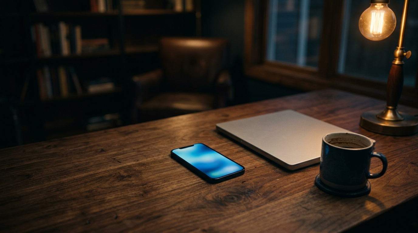 Smartphone and laptop on a dark table at night representing an online romance scam investigation in Texas