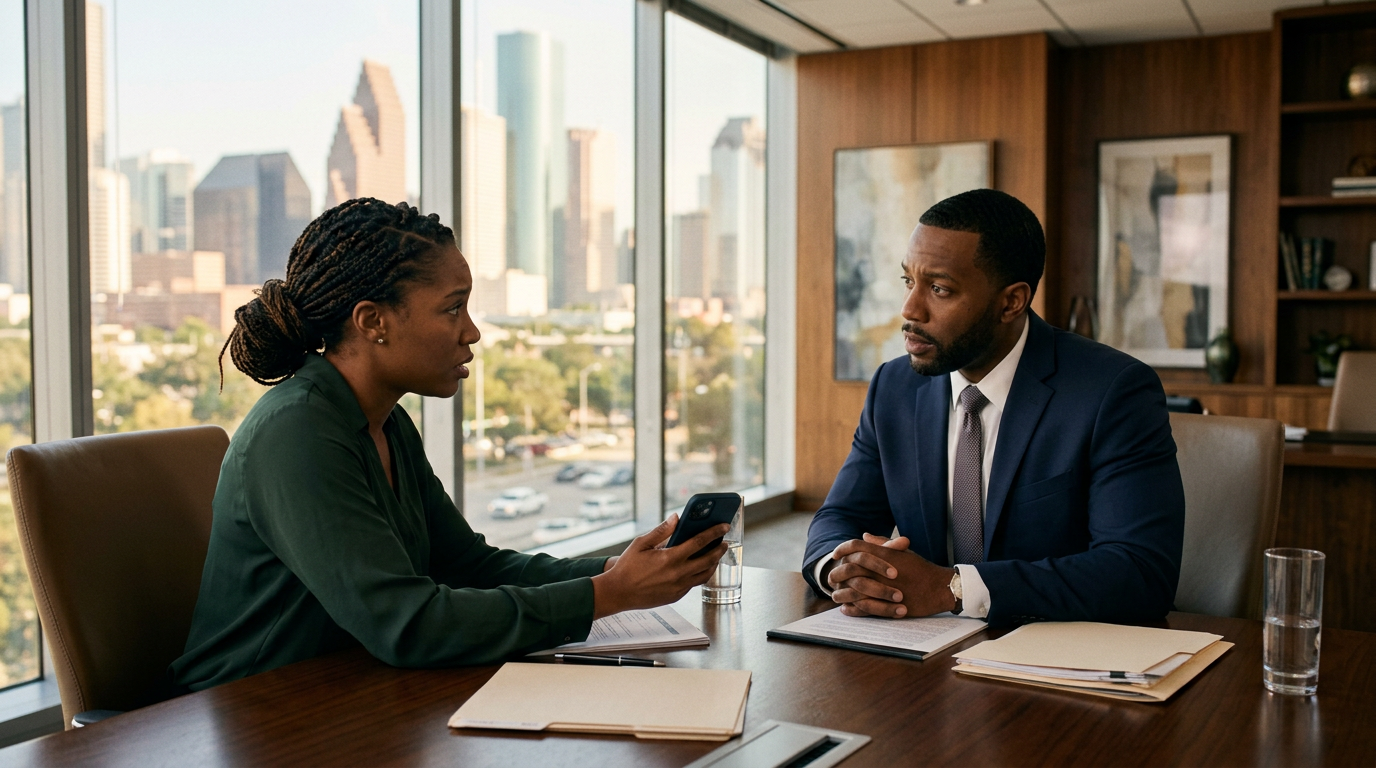 Houston attorney BJ Kemp meeting with a woman who lost money to a dating app romance scam