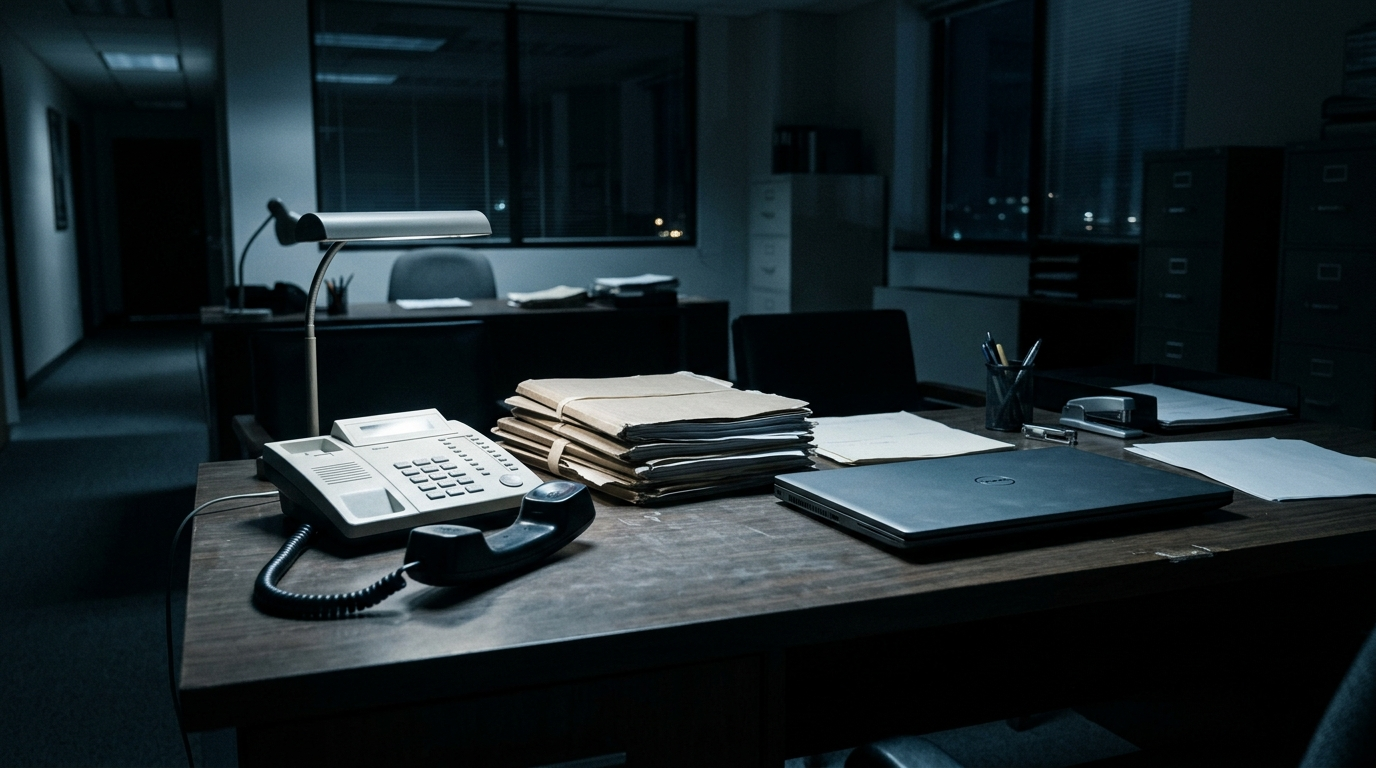 Federal investigator desk with case files and a phone off the hook representing an FBI wire fraud investigation