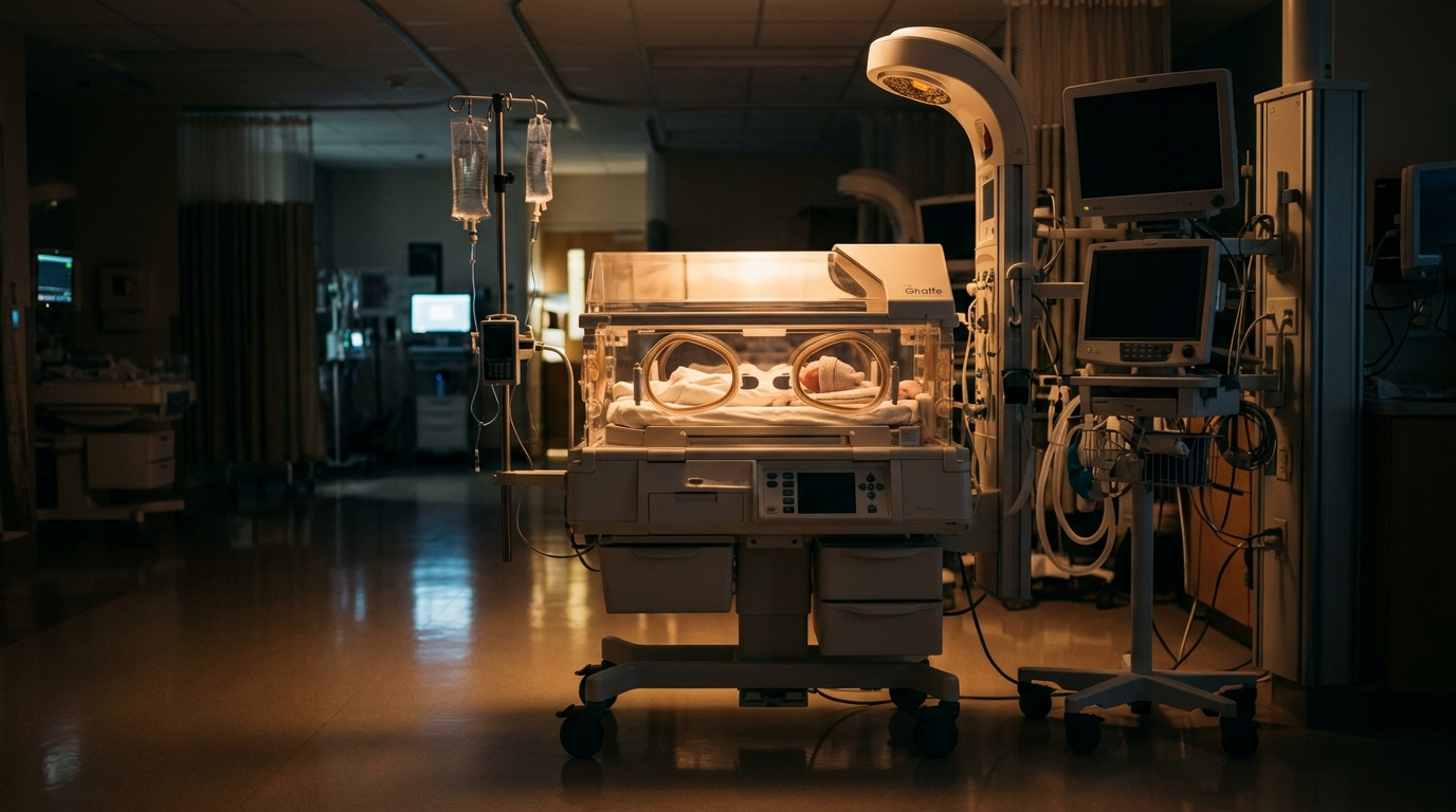 A Surrogate Refused an Abortion and Three States Started Fighting Over the Baby Pregnant woman standing at a hospital window at sunrise with a signed contract on the table beside her