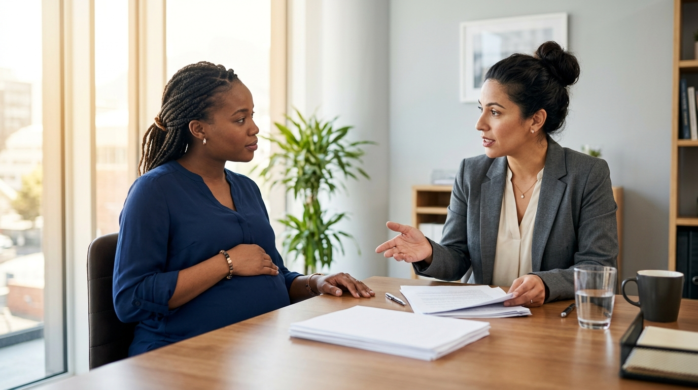 A Surrogate Refused an Abortion and Three States Started Fighting Over the Baby Black Houston attorney reviewing a gestational agreement with a Hispanic couple across a desk