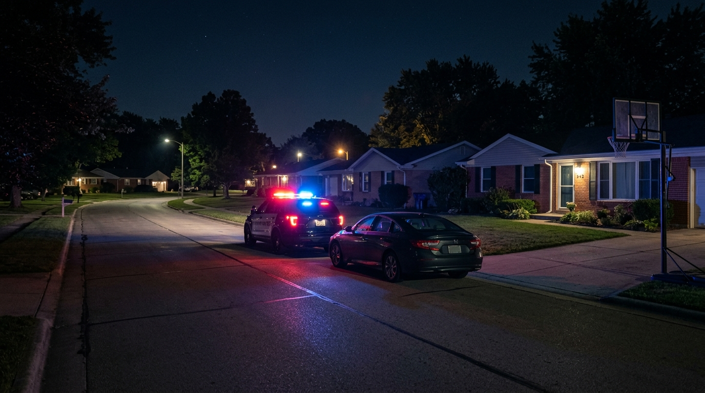 A Mom Stood in Her Own Driveway and Said the One Thing That Wins These Cases Police patrol vehicle with flashing lights parked behind a car in a suburban residential driveway at dusk