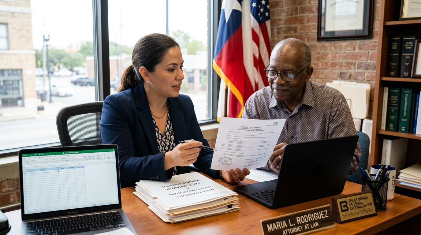 Hispanic attorney reviewing probate court documents with elderly Black client in Houston law office