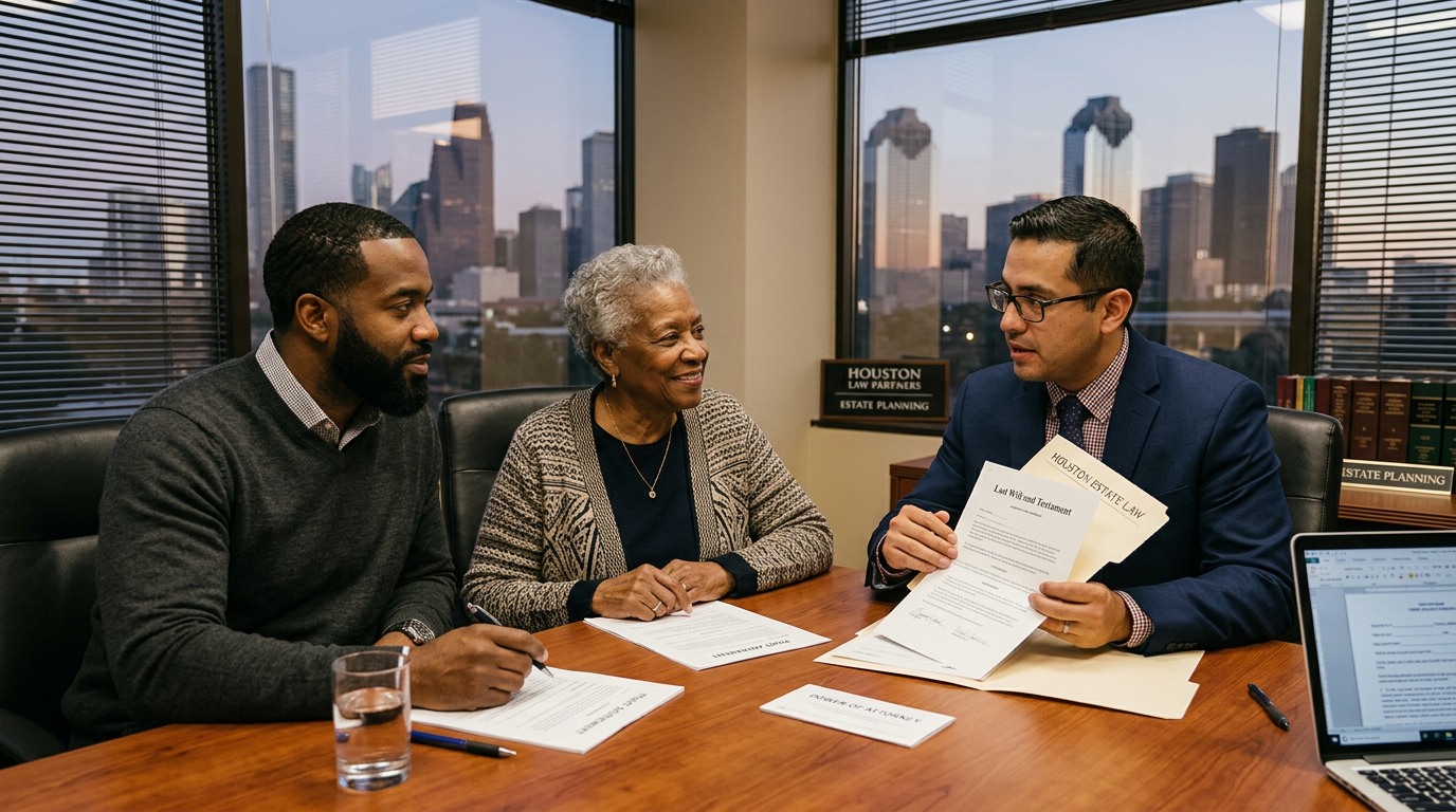 Black family meeting with Houston attorney to discuss Harris County probate court process