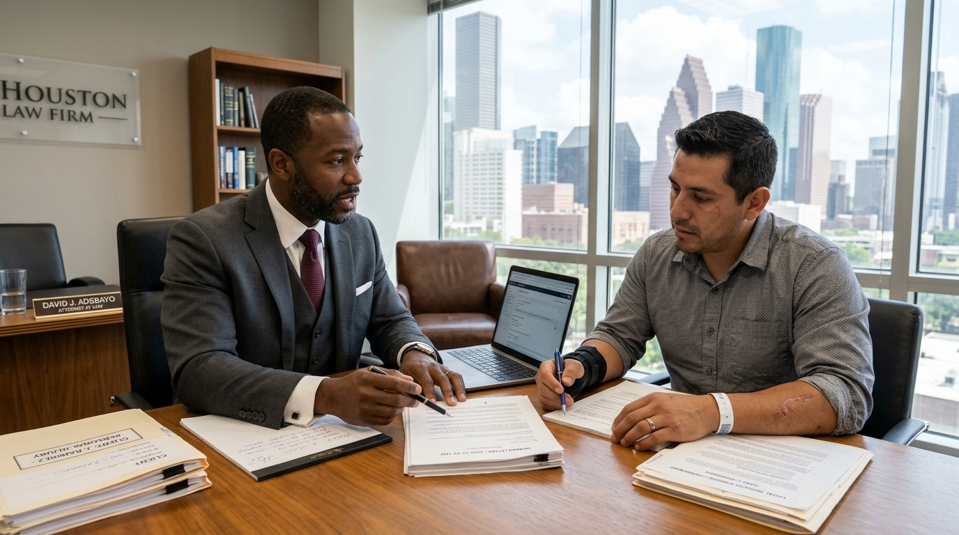 Black attorney reviewing pain and suffering damages with Hispanic client at Houston law office