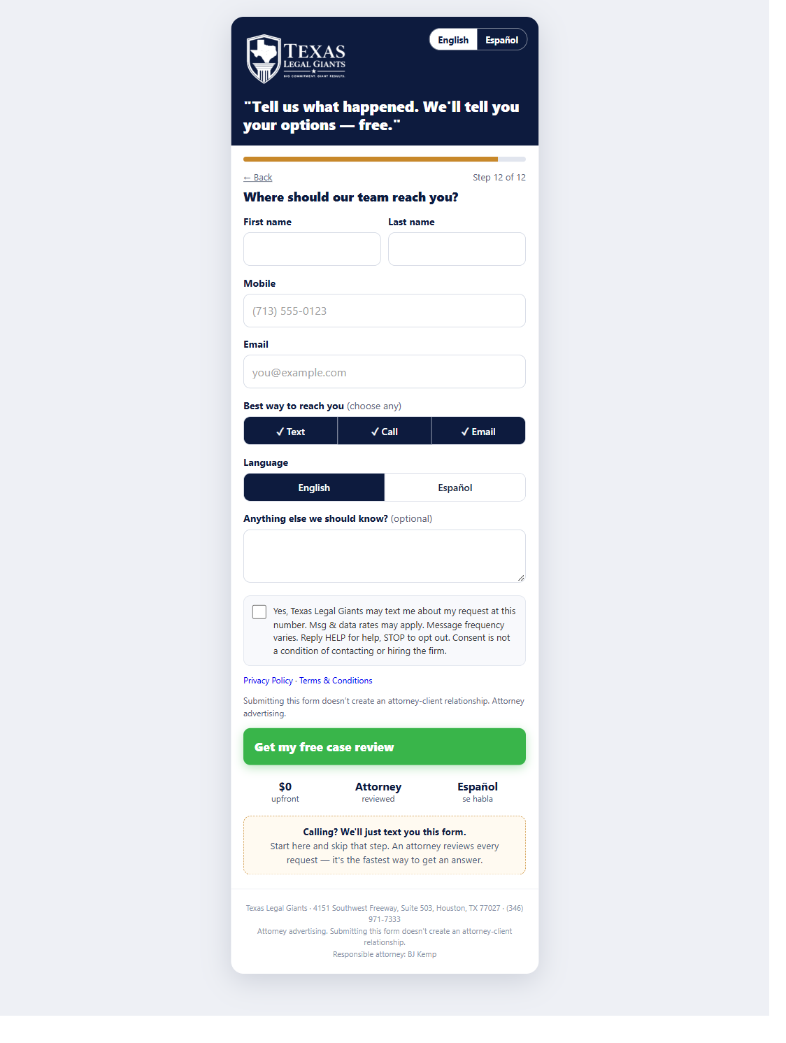 SMS Consent Disclosure Texas Legal Giants intake form SMS consent checkbox and disclosure